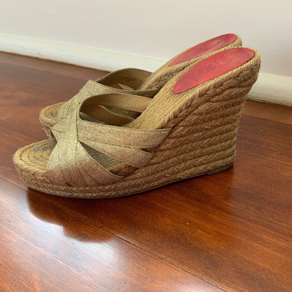 CHRISTIAN LOUBOUTIN Gold Ribbon Espadrille Wedges Size 39
